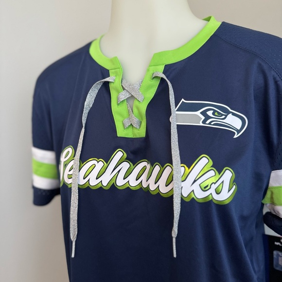 Seattle Seahawks Navy Blue and Green Lace Up Wilson Fanatics Jersey - Picture 4 of 9